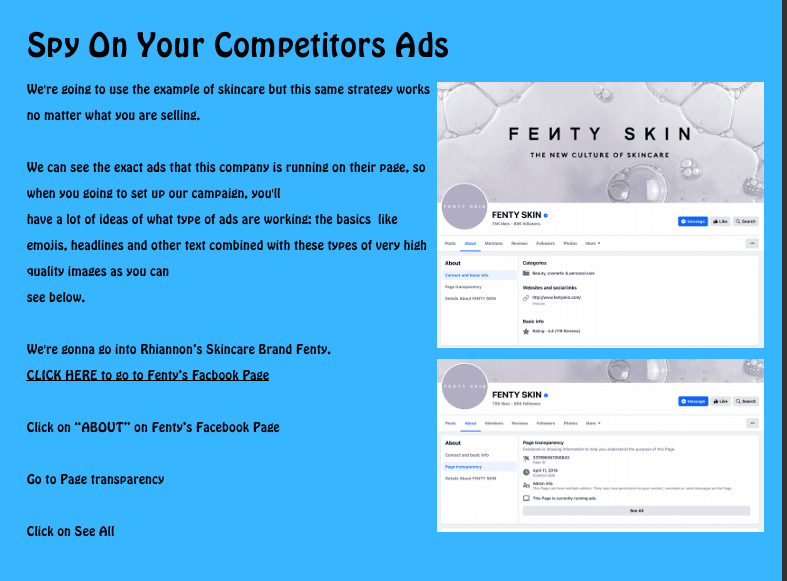 Blue slide titled 'Spy On Your Competitors Ads' showing two screenshots of a Facebook pages for Fenty Skin, with step-by-step instructions on spying ads integrity clarify context.