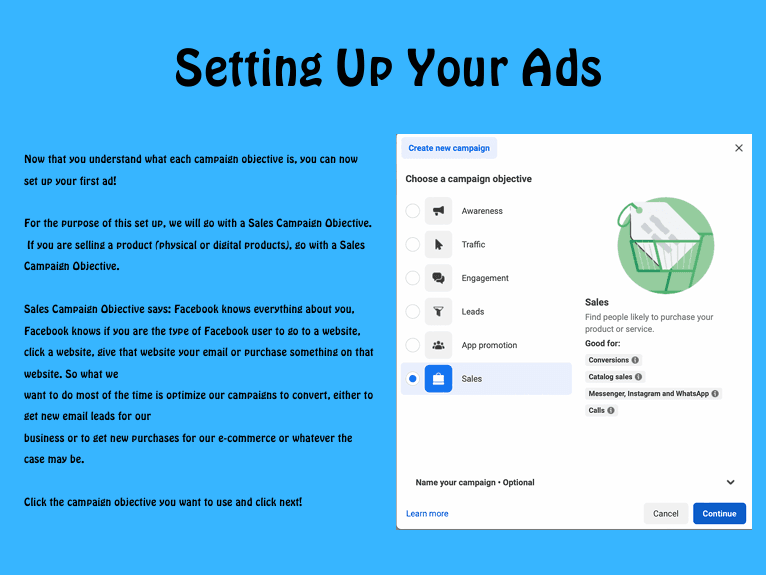 Blue tutorial slide titled 'Setting Up Your Ads' with a left column of instructions and a right-side Facebook Ads Manager dialog showing campaign objectives, with 'Sales' selected and a globe graphic in the panel.