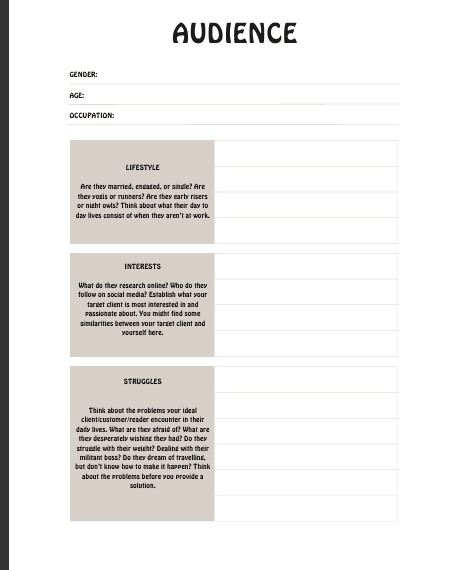 Audience research form for demographics and interests, with fields for gender, age, and occupation and sections on lifestyle, interests, and struggles.