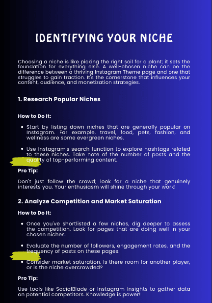 Slide titled 'Identifying Your Niche' on a blue gradient background outlining niche research and market analysis steps.