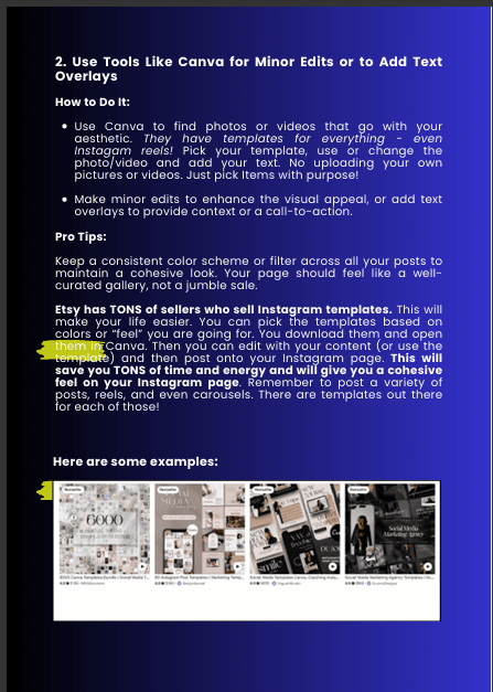 Informational poster about using Canva for minor edits to add text overlays on Instagram templates, with steps, tips, and example gallery.