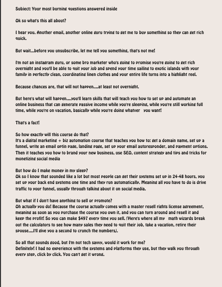 Email-style text promoting an online course about earning income and automation, with questions about the course and promises of wealth.