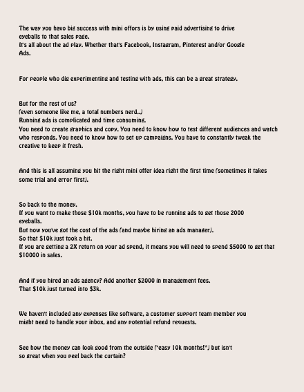 Beige page filled with multiple paragraphs of black text about paid advertising strategies: driving eyeballs to sales pages, testing audiences, creating graphics and copy, budgets, and agency costs. The tone warns about costs and experimentation and outlines a rough path from ad spend to returned sales.