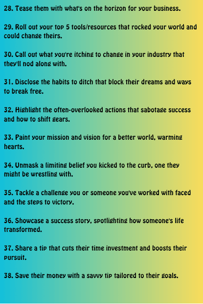 A vertical list of numbered business prompts (28–38) with statements about vision, resources, industry change, habits, and success, displayed on a blue-to-yellow gradient background.