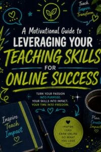 Chalkboard-style poster with the phrase 'A Motivational Guide to Leveraging Your Teaching Skills for Online Success' and bright yellow-green lettering plus illustrations of a light bulb, hearts, and leaves.