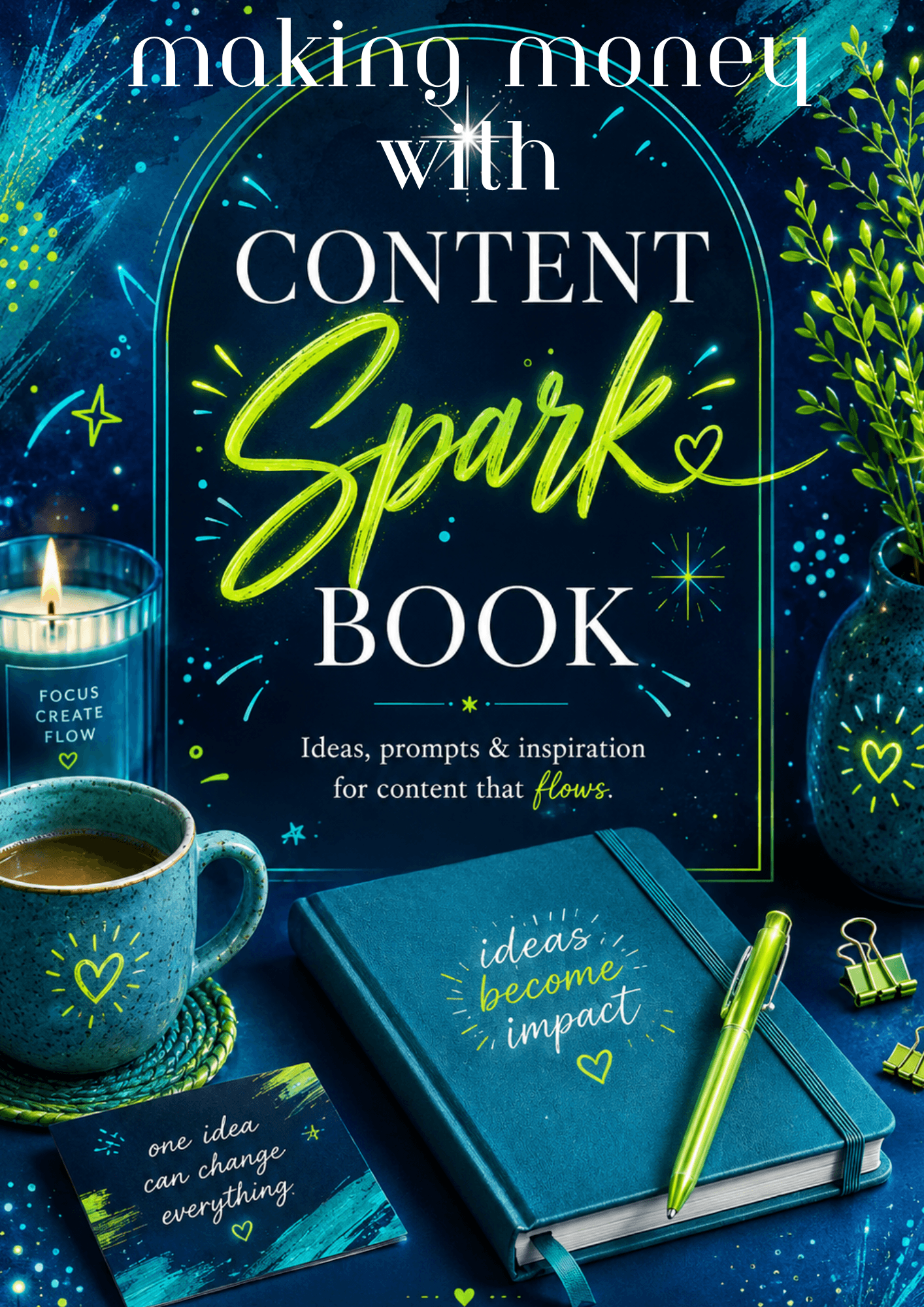 Book cover: 'Making Money with Content Spark' with neon green script 'Spark' on a blue background and desk decor surrounding it.