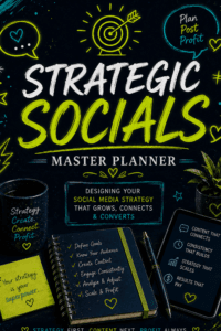 Cover for the 'Strategic Socials Master Planner' with neon yellow/blue text, a coffee mug, notebook, and plant on a dark background