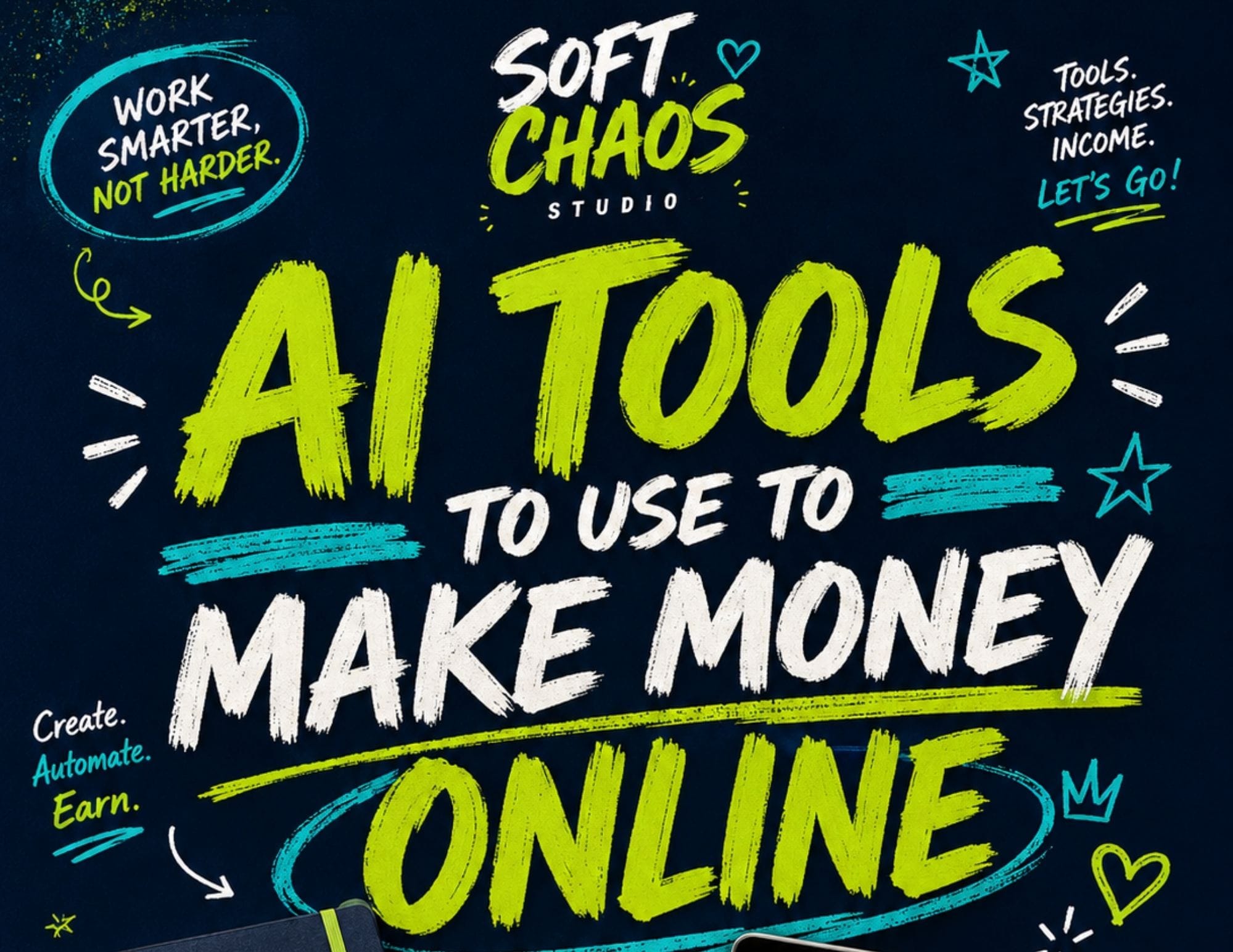 Graphic header reading 'All Tools to Use to Make Money Online' in neon lime, teal, and white on a dark blue background.