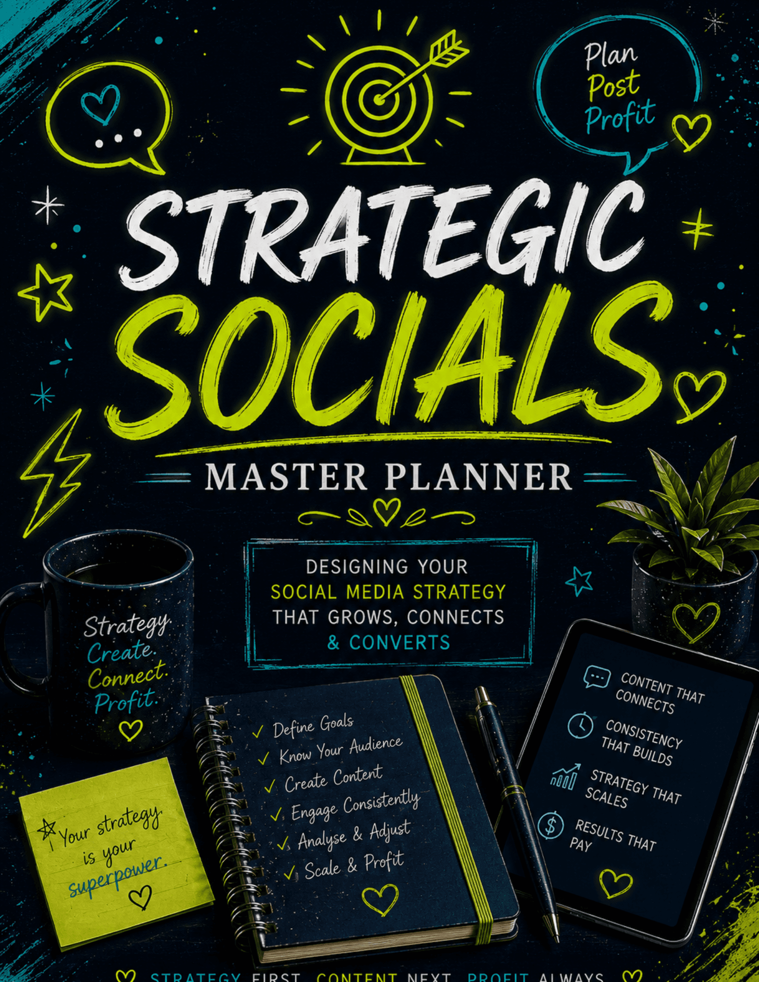 Cover for the 'Strategic Socials Master Planner' with neon yellow/blue text, a coffee mug, notebook, and plant on a dark background