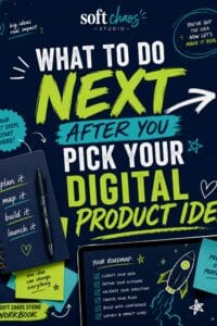 Poster-style graphic promoting the next steps after creating a digital product idea: 'What to Do Next' with bright lime, teal, and white text on navy background.