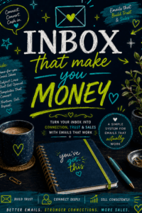 Chalkboard-style poster reading 'INBOX that make you MONEY' with colorful handwritten text, coffee mug, notebook, and plant on a dark desk surface.