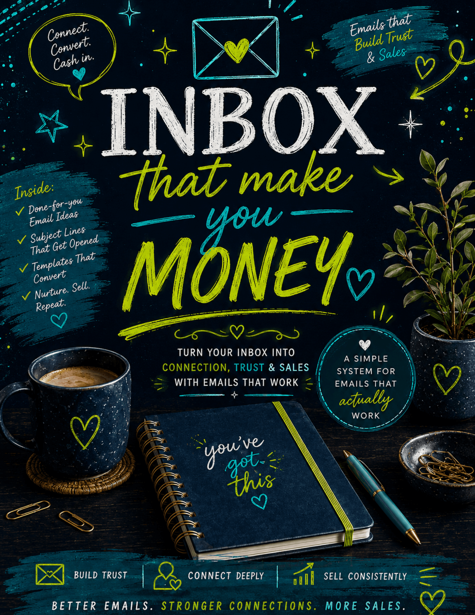 Chalkboard-style poster reading 'INBOX that make you MONEY' with colorful handwritten text, coffee mug, notebook, and plant on a dark desk surface.