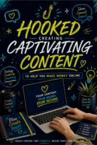 Neon-style poster promoting creating captivating content, with a laptop, notebook, coffee cup, and colorful doodles.