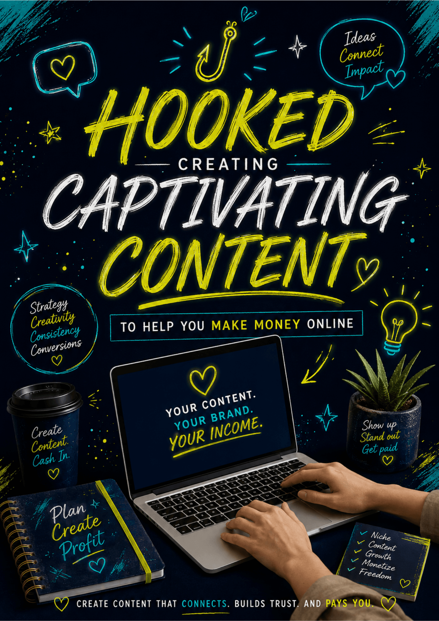 Neon-style poster promoting creating captivating content, with a laptop, notebook, coffee cup, and colorful doodles.