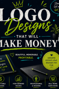 Chalkboard-style ad promoting logo designs that will make money for brands and businesses.