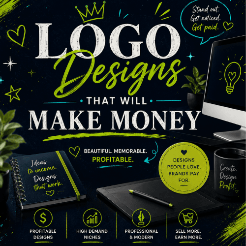 Chalkboard-style ad promoting logo designs that will make money for brands and businesses.