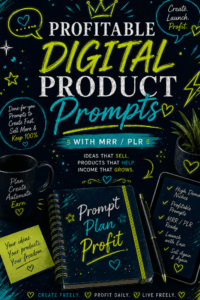 Cover image for 'Profitable Digital Product Prompts' with neon-yellow and teal typography and business-themed doodles; books, mug, and tablet visible.