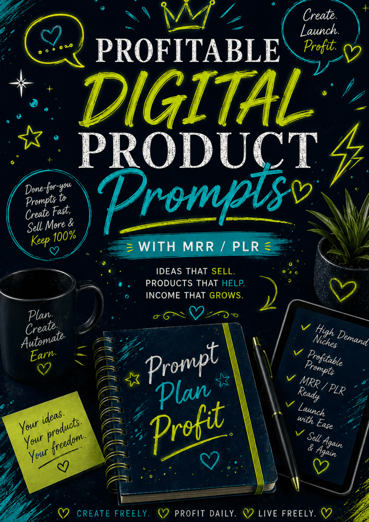 Cover image for 'Profitable Digital Product Prompts' with neon-yellow and teal typography and business-themed doodles; books, mug, and tablet visible.