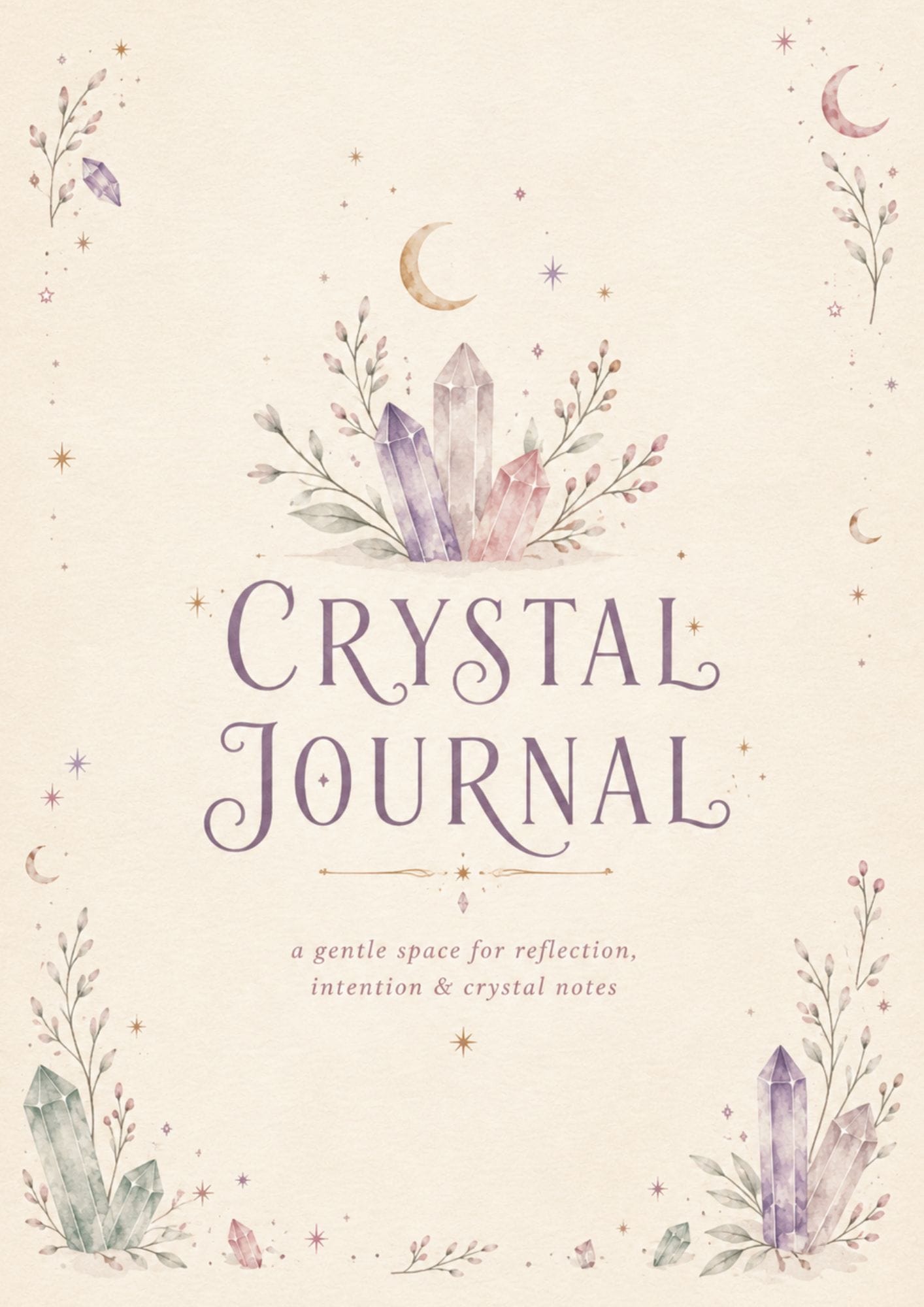 Soft beige journal cover with watercolor crystals, moons, and sprigs; reads 'Crystal Journal' inviting reflection.