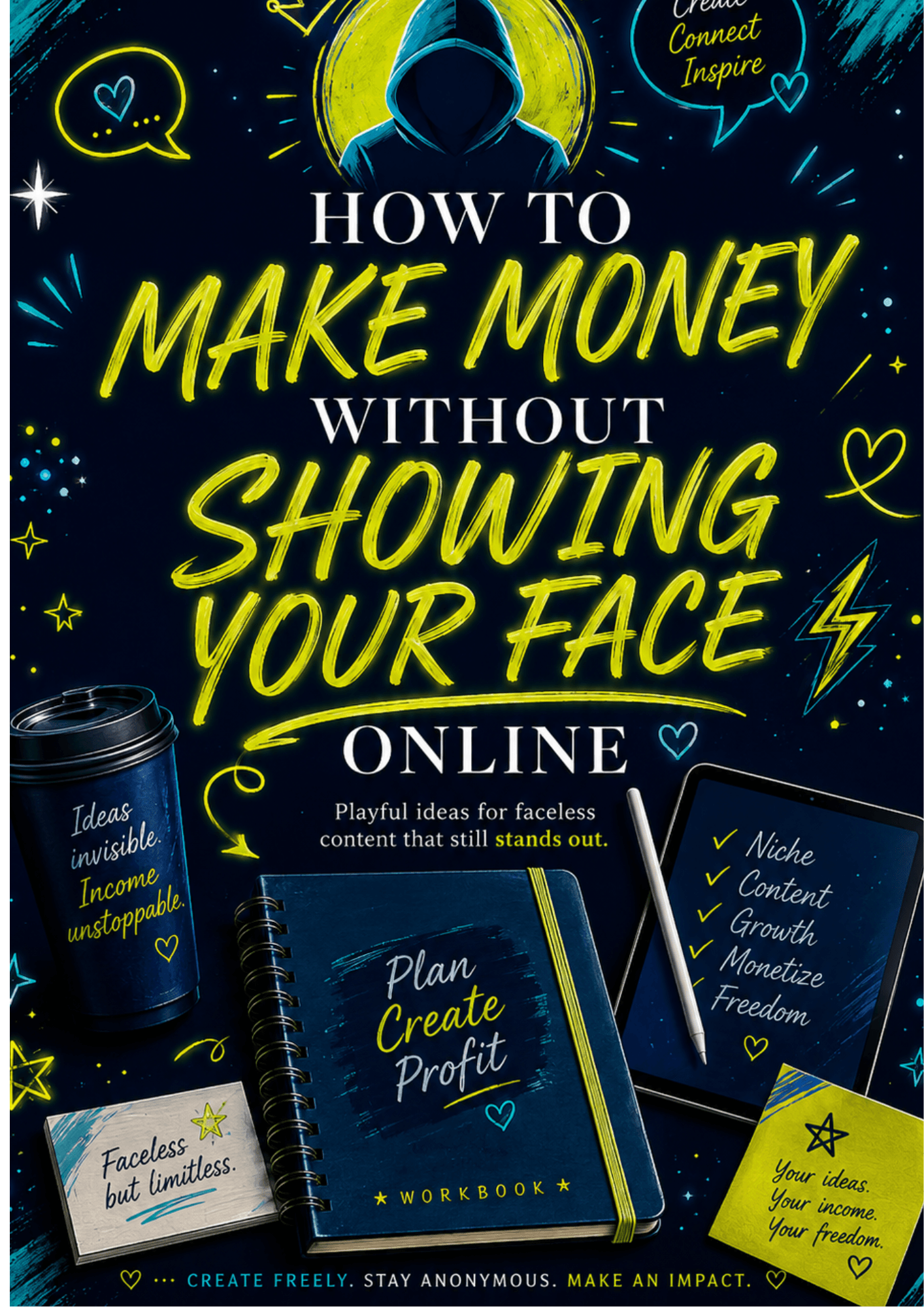 Neon-lit poster advertising 'How to Make Money Without Showing Your Face Online' with notebooks, tablet, and coffee cup in dark blue background.