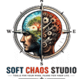 Circular logo with compass points and a bifurcated head: left side shows a natural landscape, right side exposed gears; reads 'SOFT CHAOS STUDIO'.