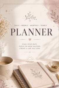 Soft pink-beige planner cover with botanical illustration, the word PLANNER in large letters, and a coffee mug and notebook on a light desk surface.