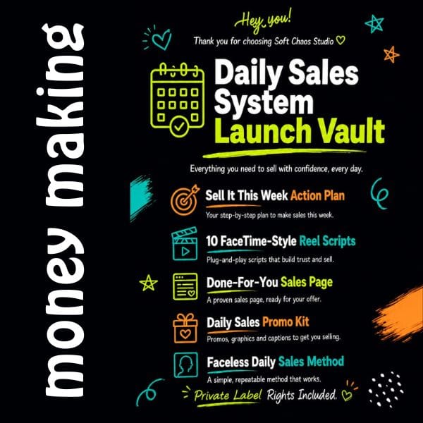 Marketing banner for 'Daily Sales System Launch Vault' with left vertical 'money making' branding; lists features: Action Plan, Reel Scripts, Sales Page, Promo Kit, Faceless Daily Sales Method, Private Label Rights.